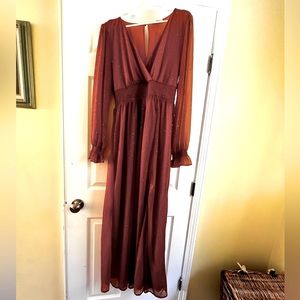 New with Tags Burnt Orange Long Sleeve Maxi Wedding Guest Dress Size Large